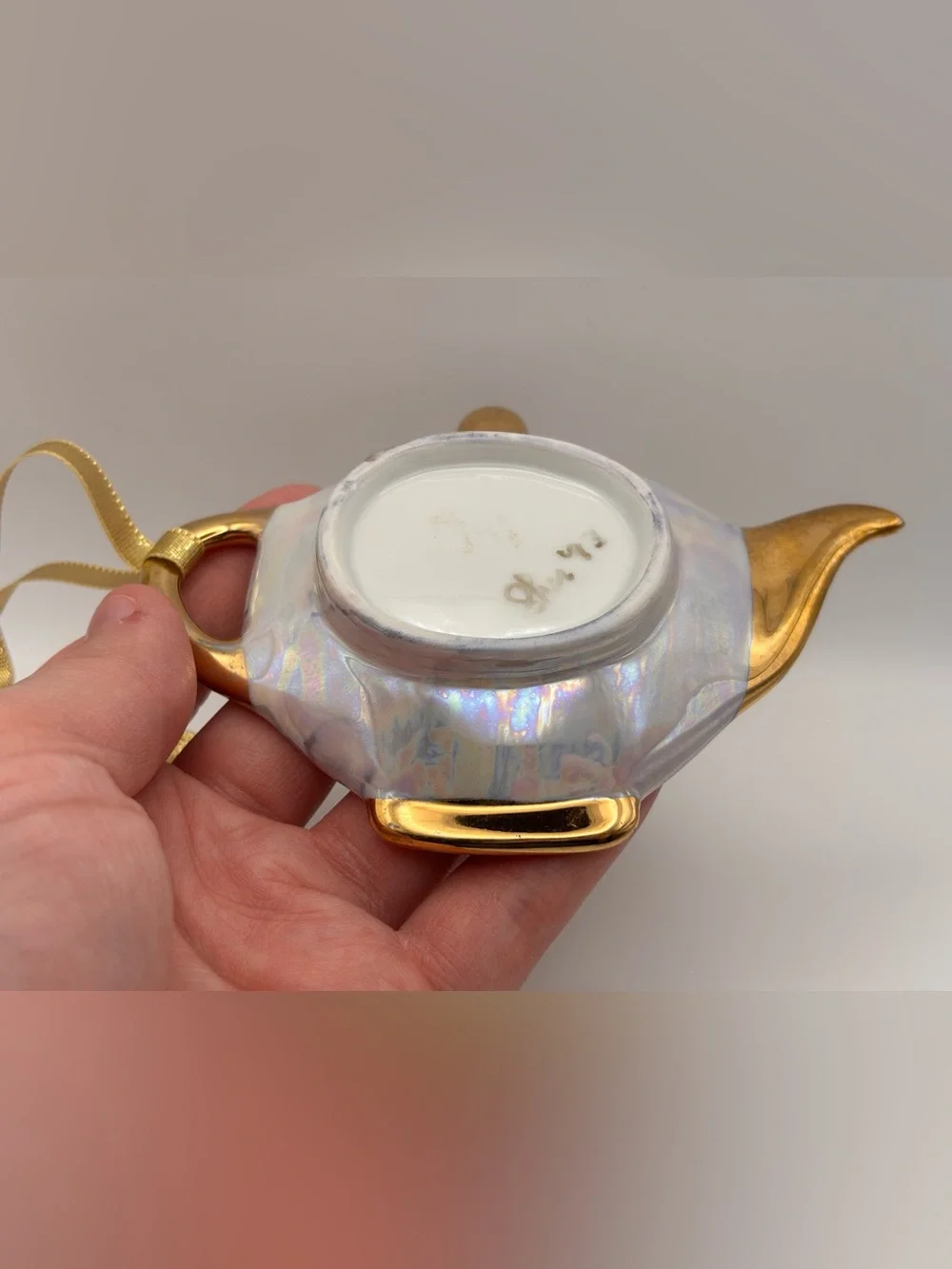 Vintage Lusterware Teabag Rest Ornament Iridescent and Gold Teapot Hanging Decor